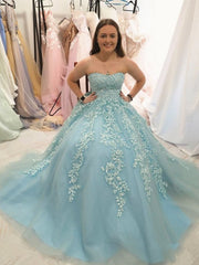 Appliques Tulle Strapless Mint A Line Green Prom Dress