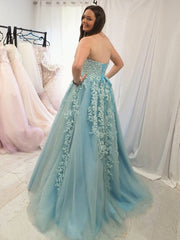 Appliques Tulle Strapless Mint A Line Green Prom Dress
