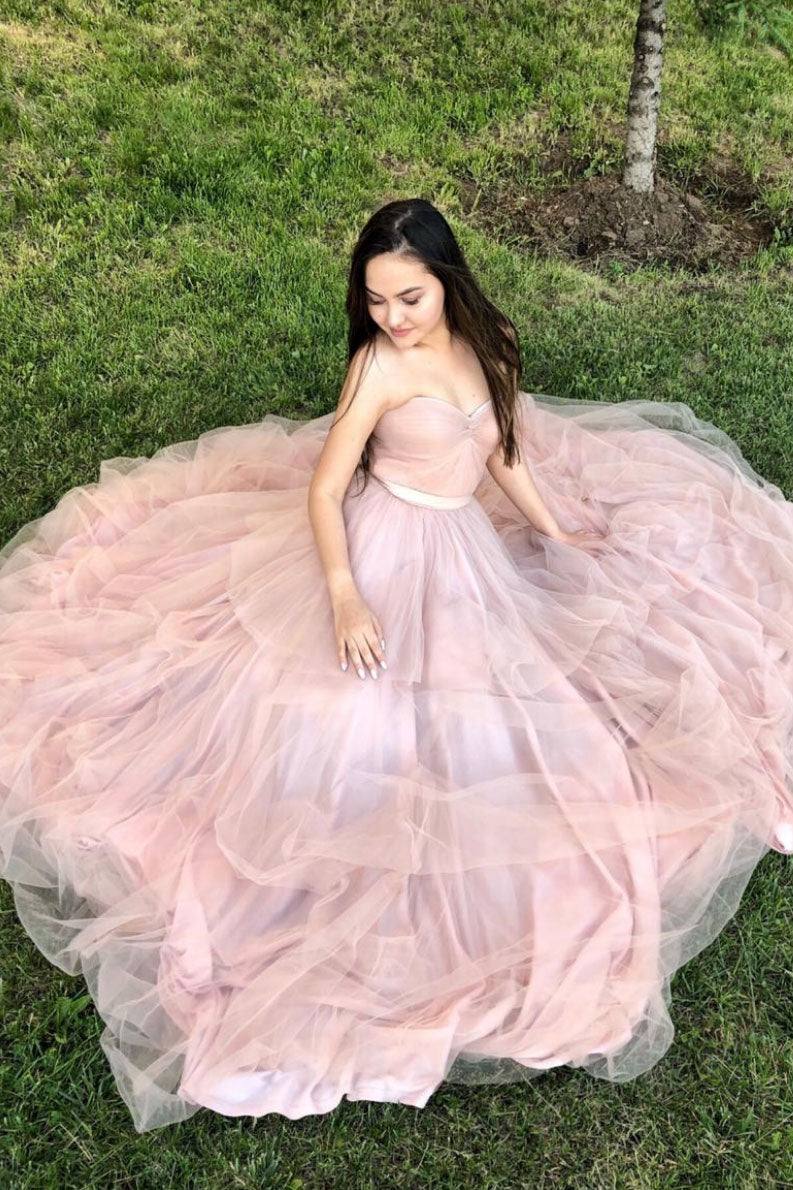 Pink A-line sweetheart tulle long prom dress pink evening dress - RongMoon