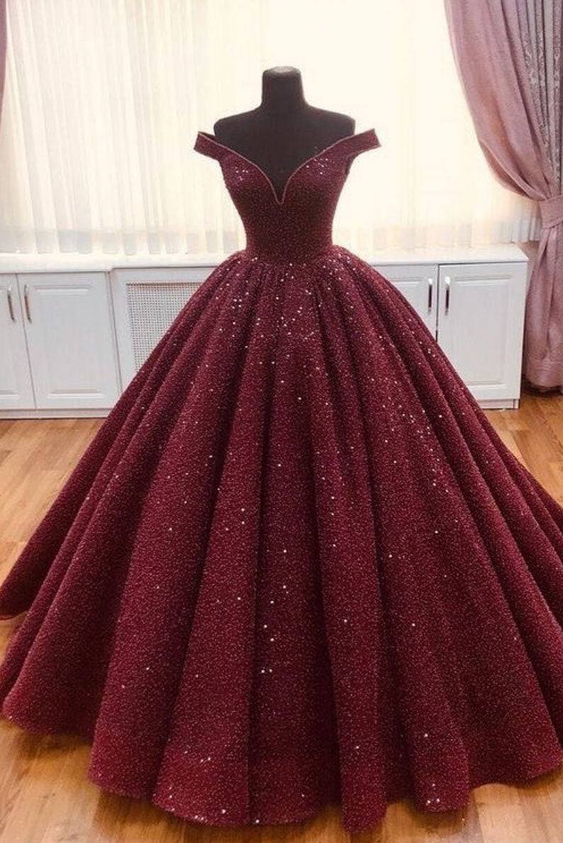 Burgundy tulle sequin long prom dress, burgundy long evening dress - RongMoon