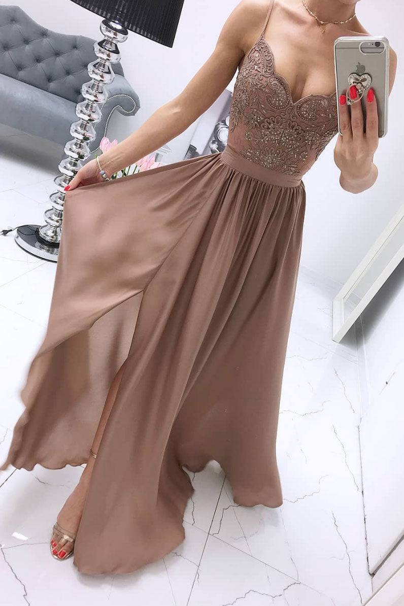 Champagne chiffon sweetheart lace long prom dress, chiffon evening dress - RongMoon