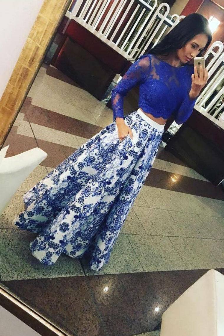 Blue satin lace long prom dress blue lace evening dress - RongMoon