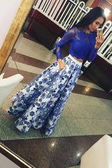 Blue satin lace long prom dress blue lace evening dress - RongMoon