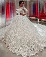 Modest 3/4 Sleeves Ball Gowns Lace Wedding Dresses - RongMoon