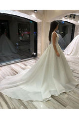 Romantic V Neck A Line Appliques Tulle Wedding Dress