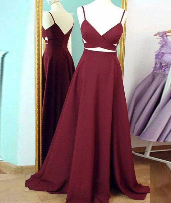 Simple v neck burgundy long prom dress, burgundy evening dress - RongMoon