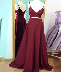 Simple v neck burgundy long prom dress, burgundy evening dress - RongMoon