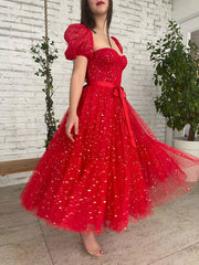 Red tulle tea length prom dress, red evening dress - RongMoon