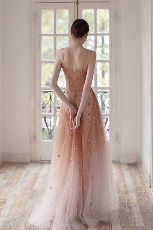 Pink tulle sequin beads long prom dress pink tulle formal dress - RongMoon