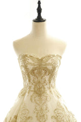 Appliques Lace Long Champagne A Line Prom Dress