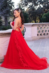 Red tulle lace long prom dress backless lace long evening dress - RongMoon