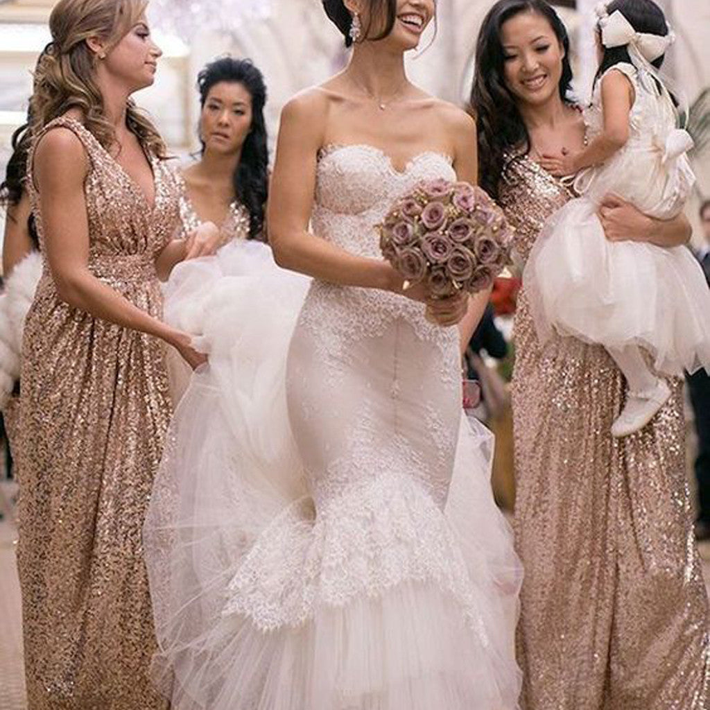 Popular Sparkly Shinning Full Sequin Sleeveless Column Pleats V-Neck Long Floor-Length Bridesmaid Dresses, WG09