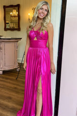 Gold Spaghetti Strap Pleats Long Prom Dress with Slit