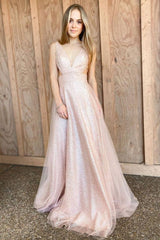 pink v neck tulle sequin long prom dress pink evening dress - RongMoon