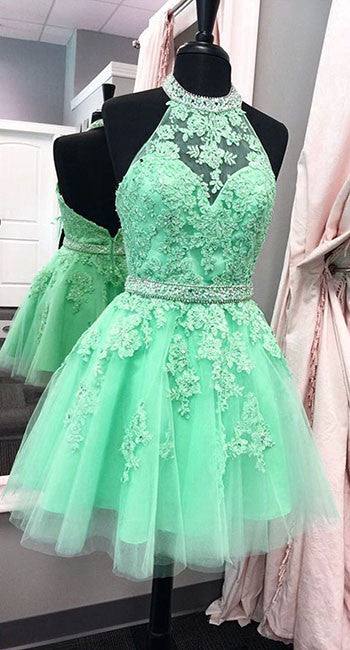 Green lace short prom dress, green homecoming dress - RongMoon