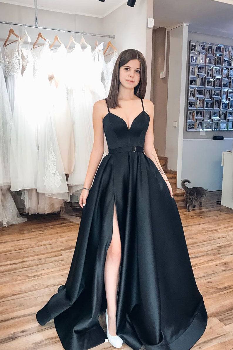 Black sweetheart satin long prom dress black evening dress - RongMoon