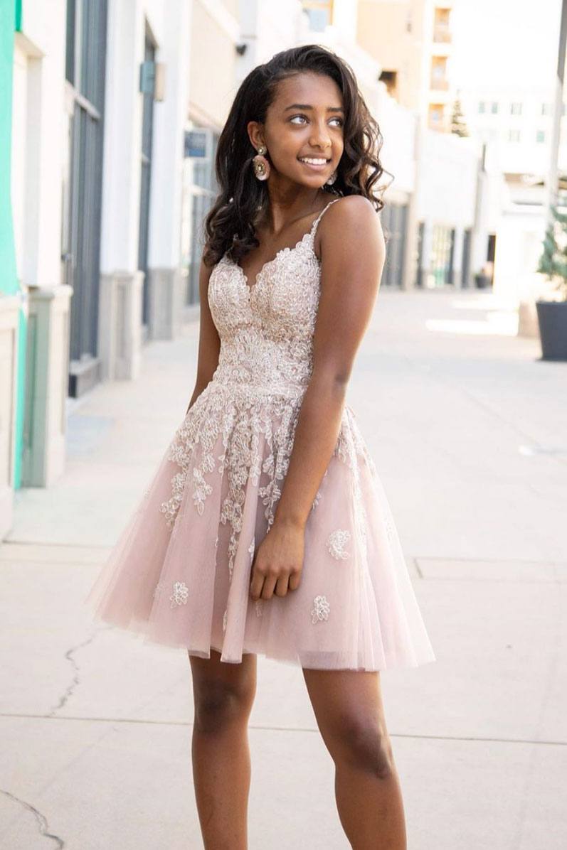 Cute sweetheart tulle lace short prom dress lace homecoming dress - RongMoon