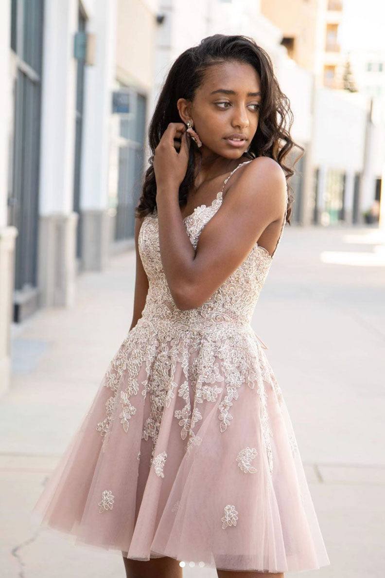 Cute sweetheart tulle lace short prom dress lace homecoming dress - RongMoon