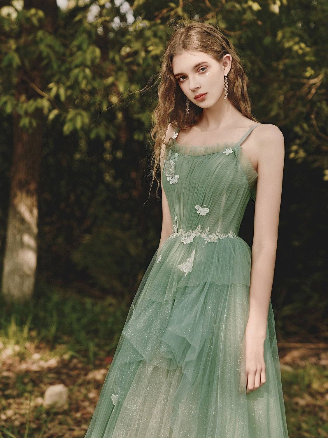 Green tulle lace long prom dress, green tulle formal dress - RongMoon