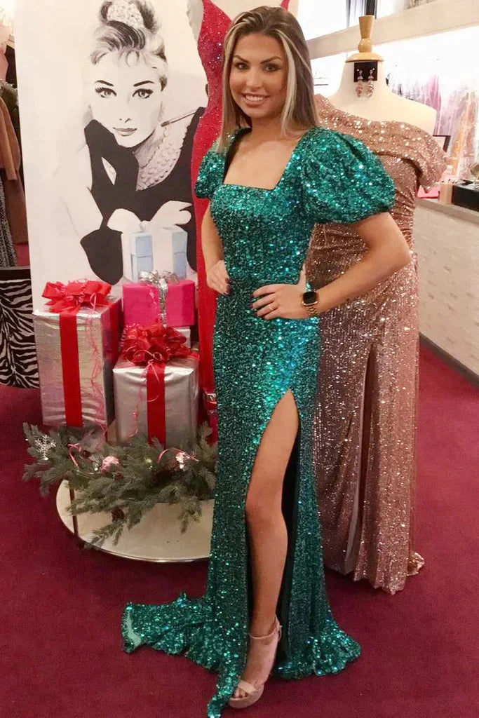 Sequin Square Backless Emerald Green Mermaid Prom Dress