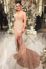 Gold Sequins Long Champagne Sexy Slit Cheap Prom Dress