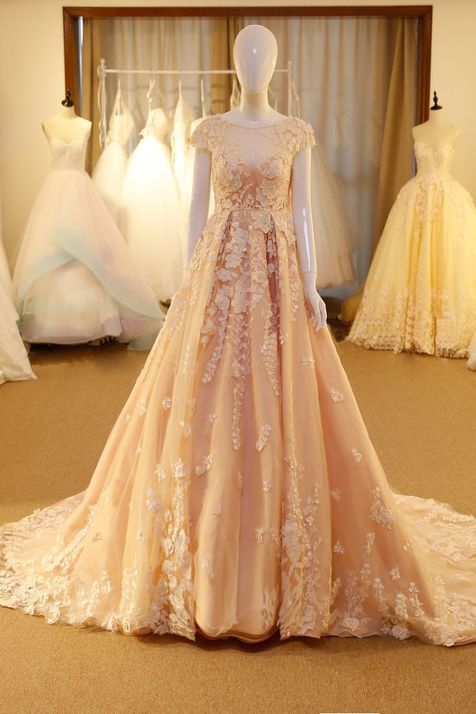 Pink Long Unique Round Neck Tulle Lace Applique Prom Dress