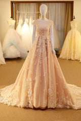 Pink Long Unique Round Neck Tulle Lace Applique Prom Dress