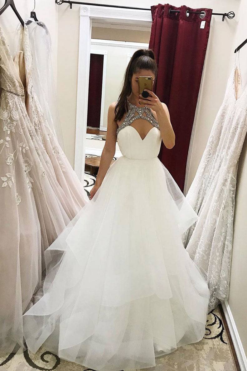 White high low tulle beads long prom dress white evening dress - RongMoon