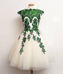 Unique lace tulle short prom dress, lace bridesmaid dress - RongMoon