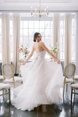 Belt Backless A Line Flower Beaded Tulle Wedding Dress