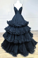 Red Tiered Ruffles Backless V-Neck Tulle Prom Dress