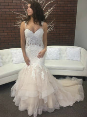 Champagne Mermaid Straps Tulle Lace Appliques Wedding Dress
