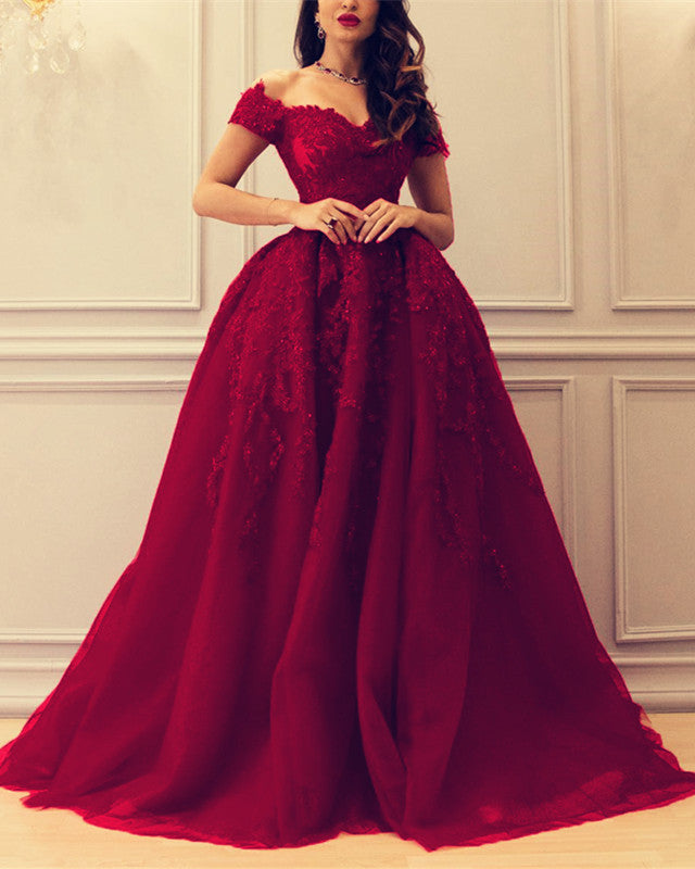 A-line Sweetheart Tulle Off The Shoulder Prom Dresses Lace Appliques