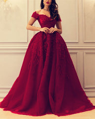 A-line Sweetheart Tulle Off The Shoulder Prom Dresses Lace Appliques