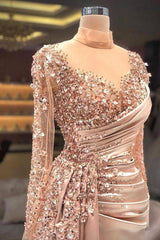 Gold Sheer High Neck Mermaid Long Sleeves Prom Dress