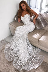 Appliques See Through Open Back Sweetheart Leaf Tulle White Prom Dress