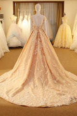 Pink Long Unique Round Neck Tulle Lace Applique Prom Dress
