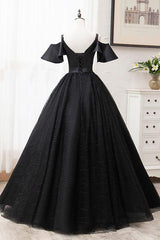Short Sleeves Black Tulle Lace Sweetheart Long Prom Dress