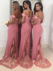 Stylish Lace Appliques V-Neck Long Jersey Mermaid Bridesmaid Dresses Off Shoulder