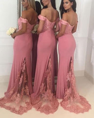 Stylish Lace Appliques V-Neck Long Jersey Mermaid Bridesmaid Dresses Off Shoulder