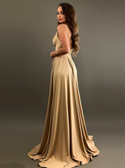 Champagne Elastic Satin Bridesmaid Dress with Split