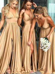 Champagne Elastic Satin Bridesmaid Dress with Split