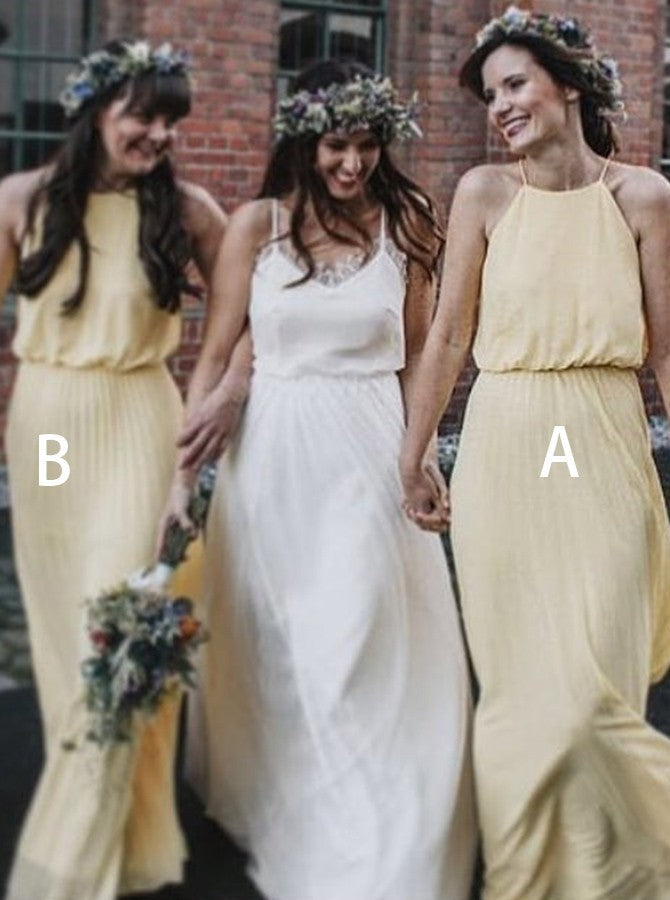 Halter Pleated Yellow Chiffon Bridesmaid Dress