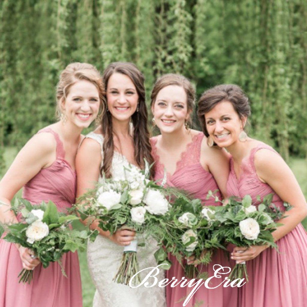 V-neck Dusty Rose Lace Chiffon A-line Bridesmaid Dresses - RongMoon