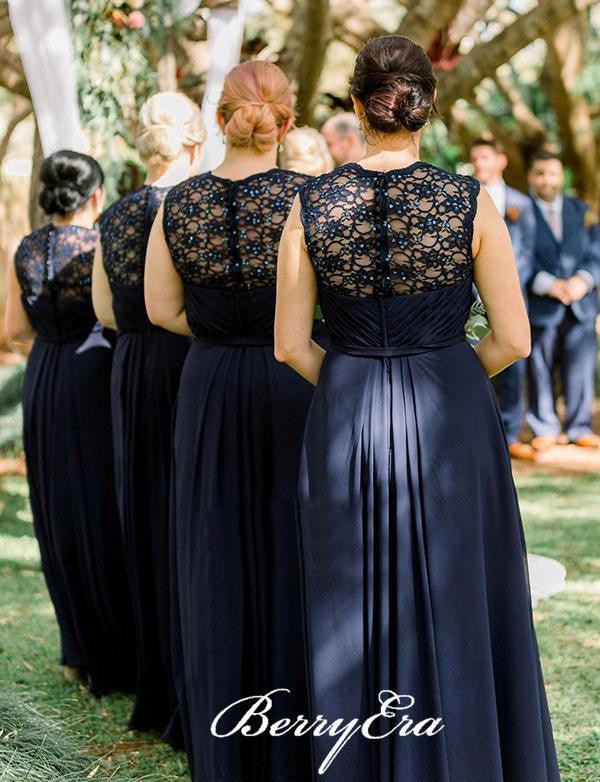 Elegant Lace Chiffon Navy Long Bridesmaid Dresses - RongMoon