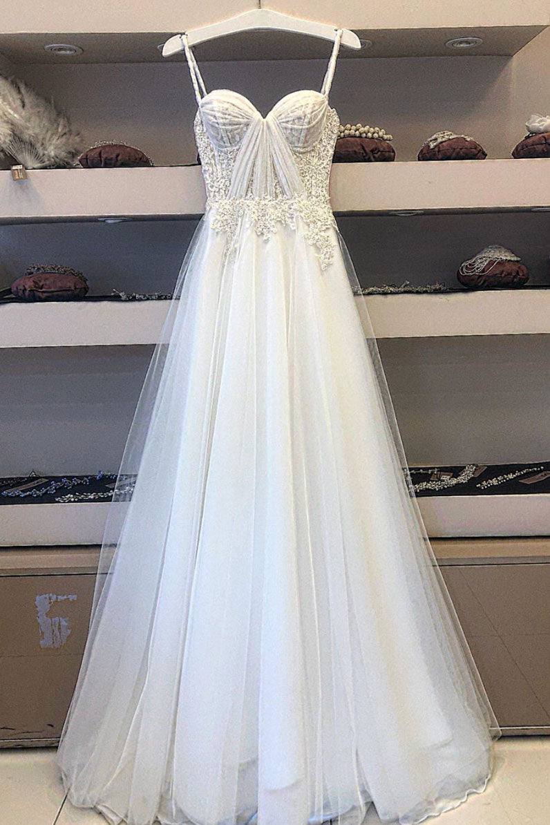 White sweetheart tulle lace long prom dress white lace evening dress - RongMoon