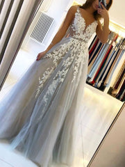 Tulle Floor Length Backless V Neck Appliques Gray Prom Dress
