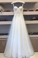 White sweetheart tulle lace long prom dress white lace evening dress - RongMoon