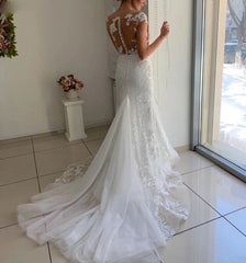 Cap Sleeve White Lace Appliques Mermaid Tulle Wedding Dress