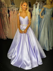 Lavender Purple Satin Beading Spaghetti Straps A Line Prom Dress
